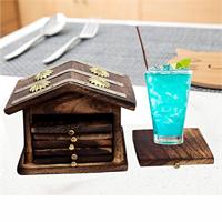 Venus Wooden Home Wellness Tea Coaster In Decorative Hut Shaped Holder  Antique Finish (Brown) - Set of 6